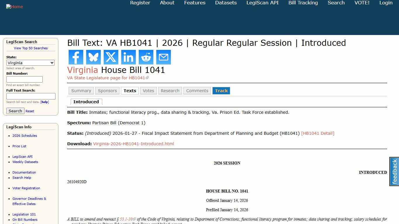 Bill Text: VA HB1041 2026 Regular Regular Session Introduced LegiScan