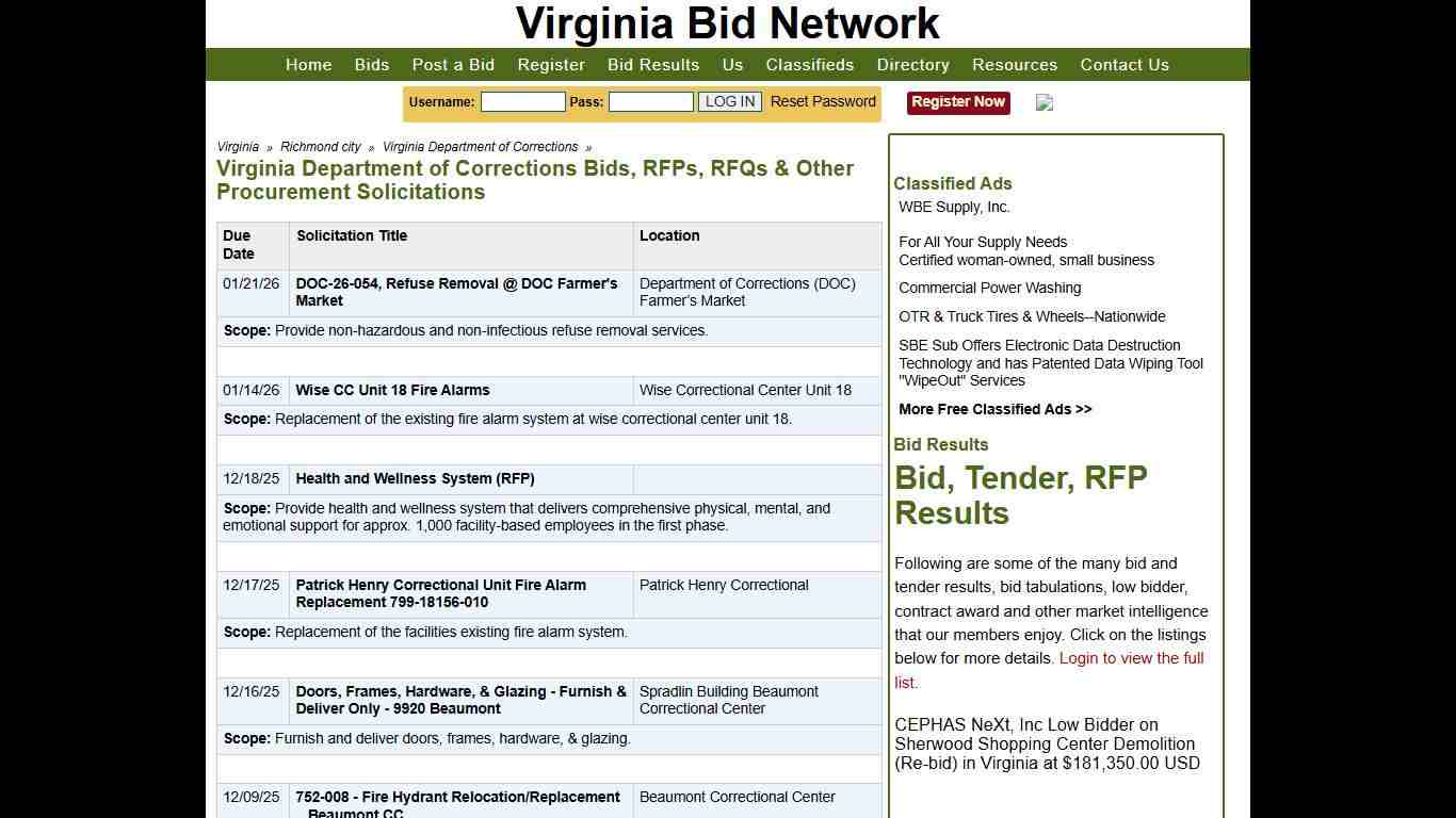Virginia Department Of Corrections Bids, RFPs, RFQs & Other Procurement Solicitations